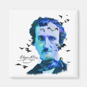 Edgar Allan Poe in Shades of Blue with Ravens Magnet