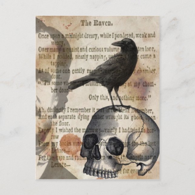 Edgar Allan Poe The Raven Skull and BIrd Postcard (Front)