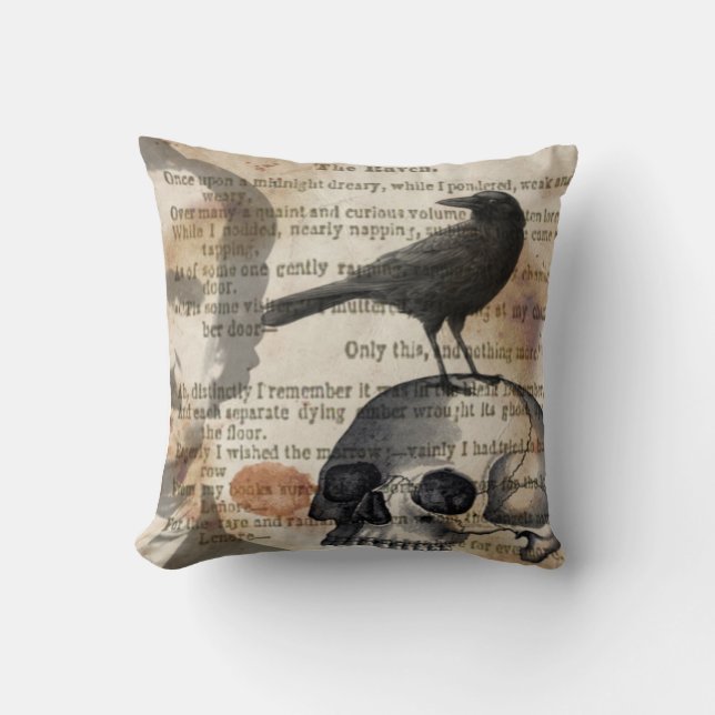 Edgar Allan Poe The Raven & Skull Pillow (Front)