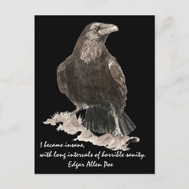 Edgar Allen Poe Insanity Quote Watercolor Raven Postcard (Front)