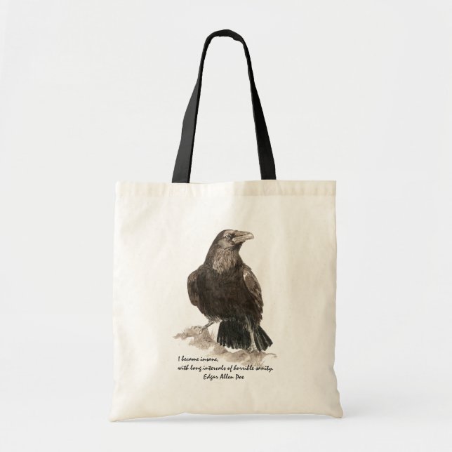 Edgar Allen Poe Insanity Quote Watercolor Raven Tote Bag (Front)