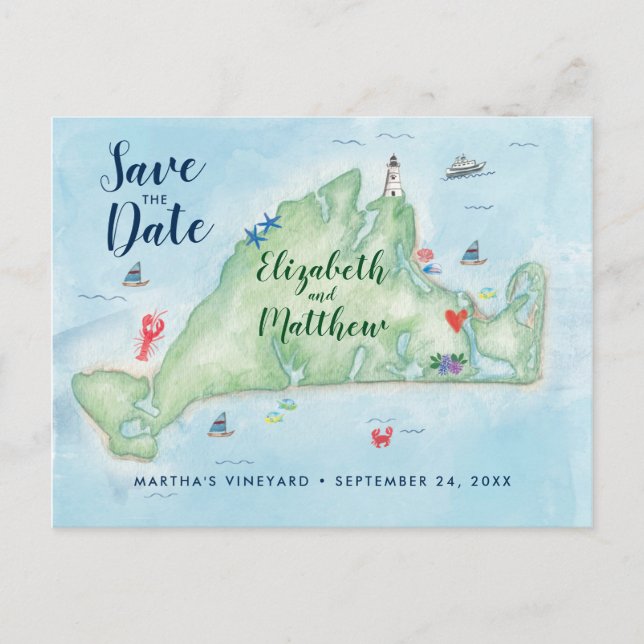 Edgartown Marthas Vineyard Map Save the Date Announcement Postcard (Front)