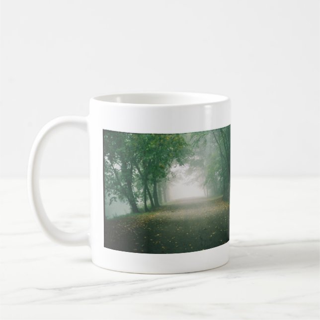 edgewood park trail into fog double-sided coffee mug (Left)