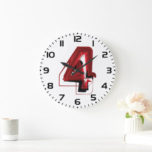 Edgy Abstract Red and Black Number 4  Large Clock