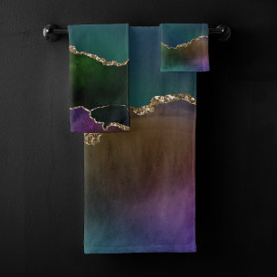 Edgy Agate Dark Moody Jewel Tone Mystic Teal Bath Towel Set
