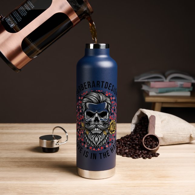 Edgy Barber Skull & Rose Valentine Stainless Steel Water Bottle (Coffee (Rotated))