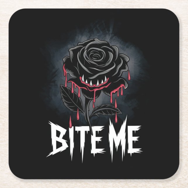 Edgy 'Bite Me' Gothic Rose Design  Square Paper Coaster (Front)