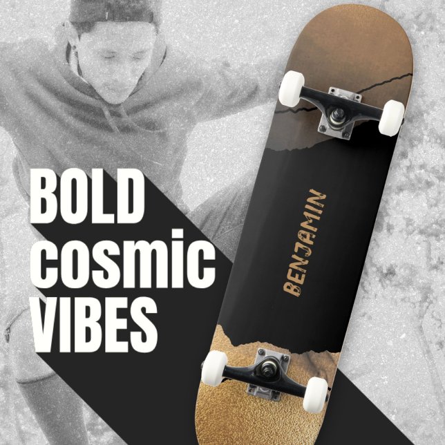 Edgy Black and Gold Modern Skateboard (Black and Gold Space-Inspired Modern Your Name Skateboard ©Susanne Sachers - Sunny Wanderlust 🌞✈️)