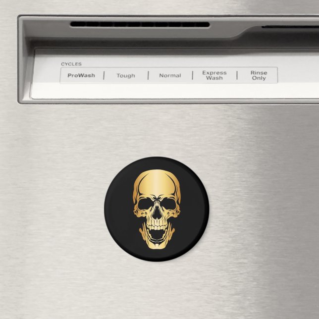 Edgy Black And Gold Skull Pattern Round Magnet (In Situ (Dishwasher))