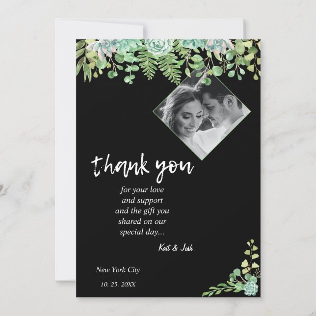 Edgy Black Eucalyptus Wedding Thank you CARD (Front)