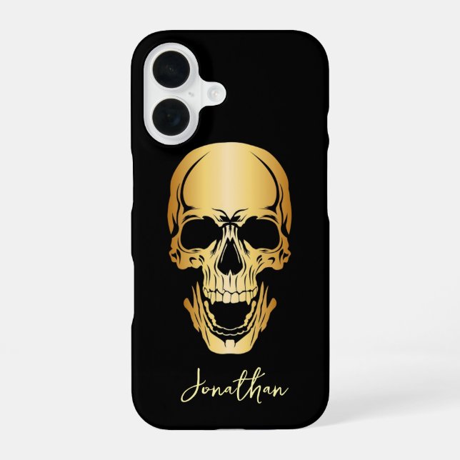 Edgy  Black & Gold Skull Pattern Custom Name iPhone 16 Case (Back)