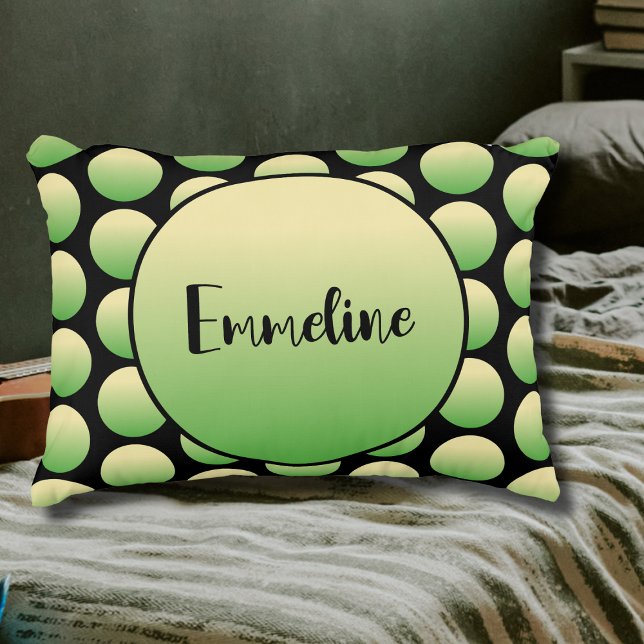 Edgy Black Green Gradient Dots Name Accent Pillow (Personalized accent pillow on a bed, with script name and green polka dots on a black background.)