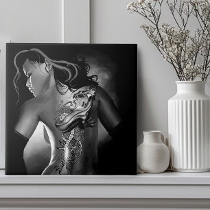 Edgy Black  White Tattooed Dragon Woman Ceramic Tile
