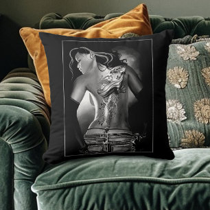 Edgy Black White Tattooed Dragon Woman Cushion