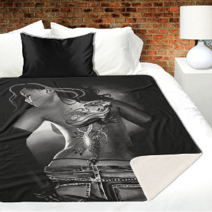 Edgy Black  White Tattooed Dragon Woman Sherpa Blanket