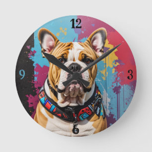 Edgy Bulldog Grunge Background  Round Clock