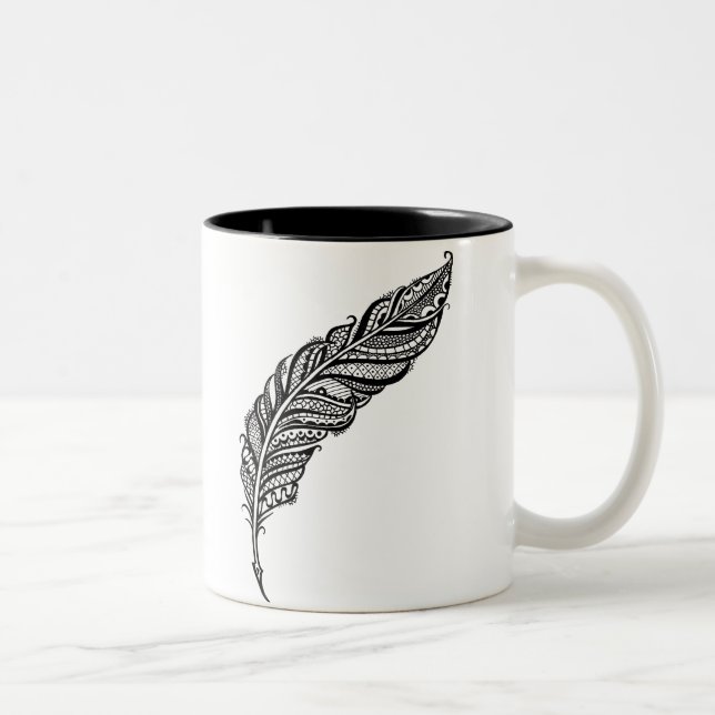 Edgy & Chic Intricate Lace Feather illustration Two-Tone Coffee Mug (Right)
