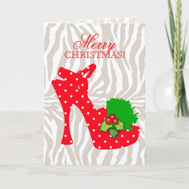 Edgy Christmas High Heel Shoe Red Dots Holiday Card (Front)