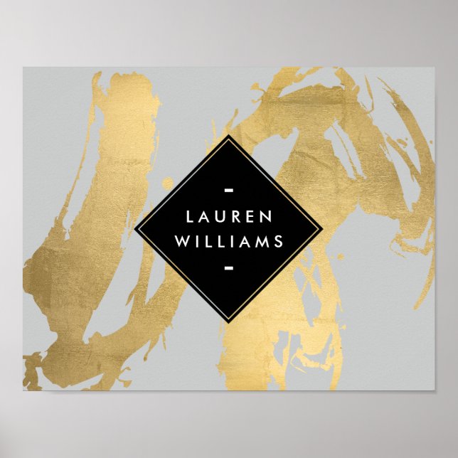 Edgy Faux Gold Brushstrokes on Gray Poster (Front)