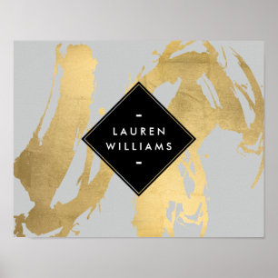 Edgy Faux Gold Brushstrokes on Grey Poster