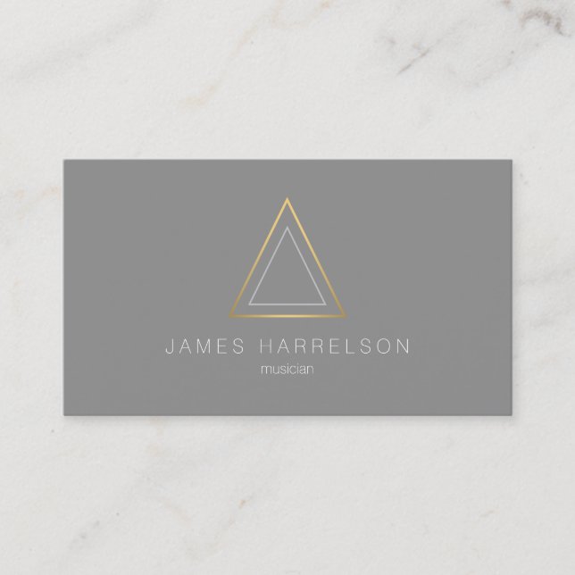 Edgy Faux Gold Triangle Logo on Grey Business Card (Front)