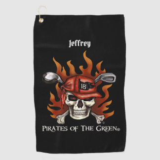 Edgy Flame Skull Pirate Golfer Golf Towel