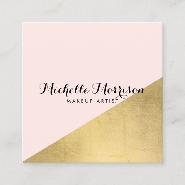 Edgy Geometric Faux Gold Foil and Pink Colour Bloc Square Business Card (Front)