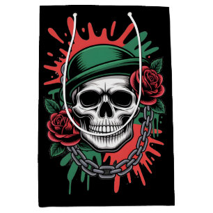 Edgy Graphic Art: Skull in Bowler Hat with Roses Medium Gift Bag