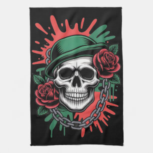 Edgy Graphic Art: Skull in Bowler Hat with Roses Tea Towel