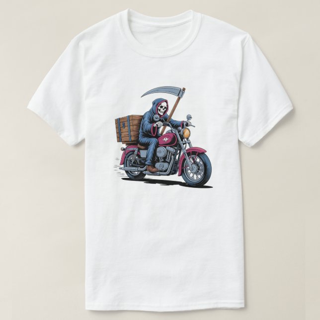 Edgy Grim Reaper Motorcycle Rider T-Shirt (Design Front)