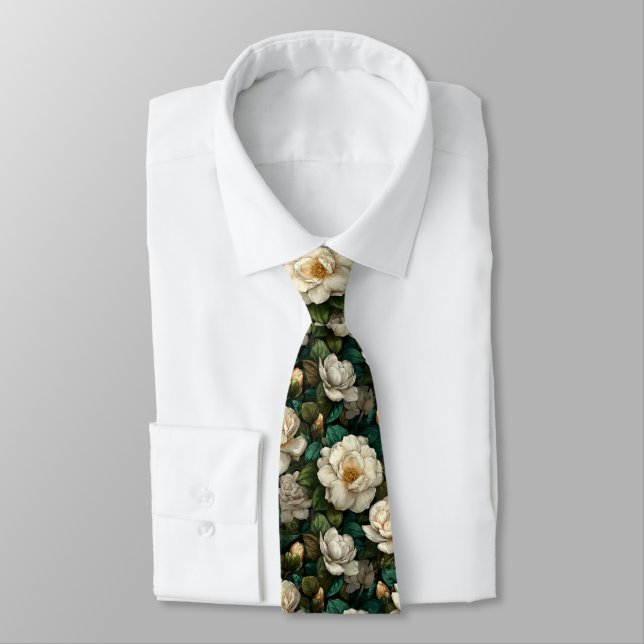 Edgy Groomsmen Gift Gardenias Flower Tie (Tied)