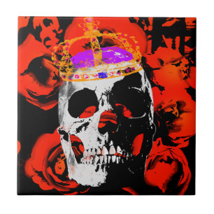 Edgy King Skull Crown n' Roses Ceramic Tile