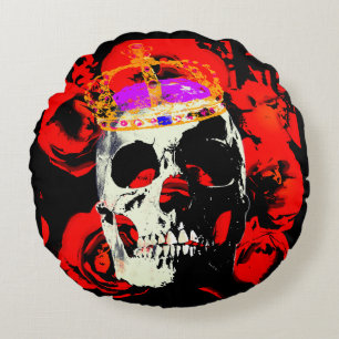 Edgy King Skull Crown n' Roses Round Cushion