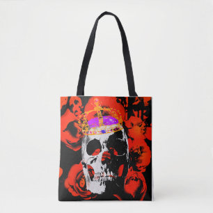 Edgy King Skull Crown n' Roses Tote Bag