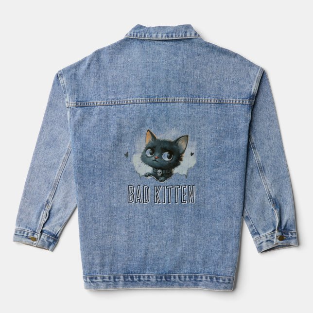 Edgy Kitten Illustration - "Bad Kitten" Text Denim Jacket (Back)