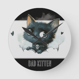 Edgy Kitten Illustration - "Bad Kitten" Text Round Clock