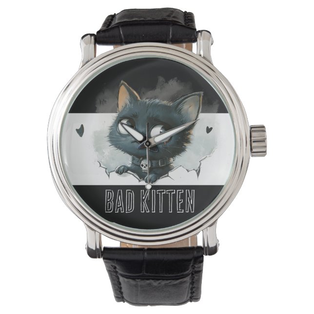 Edgy Kitten Illustration - "Bad Kitten" Text Watch (Front)