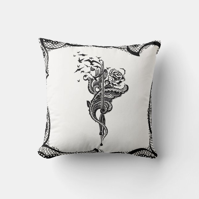 Edgy Lace Pen, Rose & Birds illustration Cushion (Front)