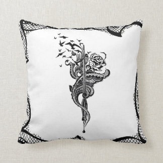 Edgy Lace Pen, Rose & Birds illustration Cushion