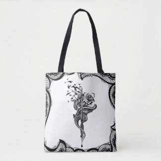 Edgy Lace Pen, Rose & Birds illustration Tote Bag