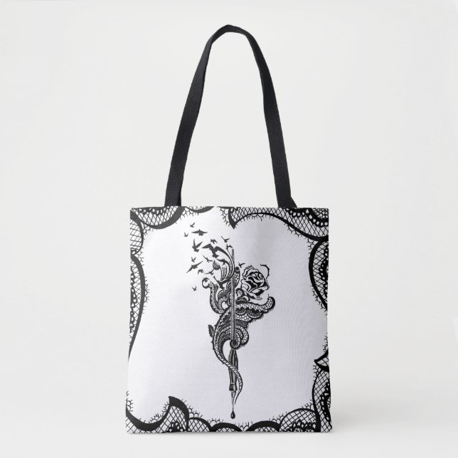 Edgy Lace Pen, Rose & Birds illustration Tote Bag (Front)