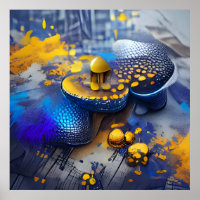 Edgy Modern Blue Yellow Metallic Mushroom Pop Art