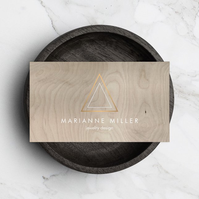 Edgy Rose Gold Triangle Logo on Beige Wood Business Card (Creator Uploaded)