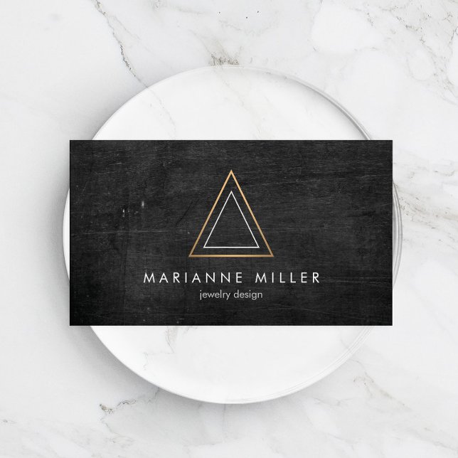 Edgy Rose Gold Triangle Logo on Black Wood Business Card (Creator Uploaded)
