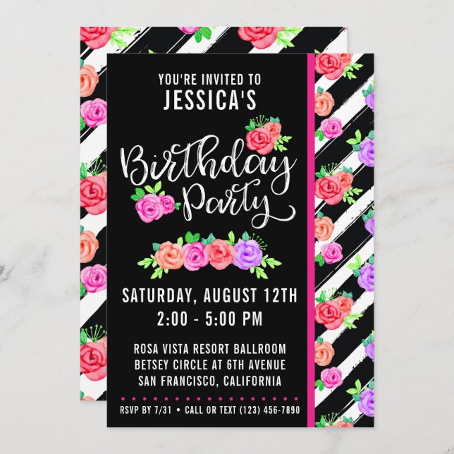 Edgy Roses & Modern Stripes Birthday Invitation (Front/Back)