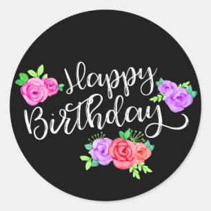 Edgy Roses & Modern Stripes Trendy Happy Birthday Classic Round Sticker
