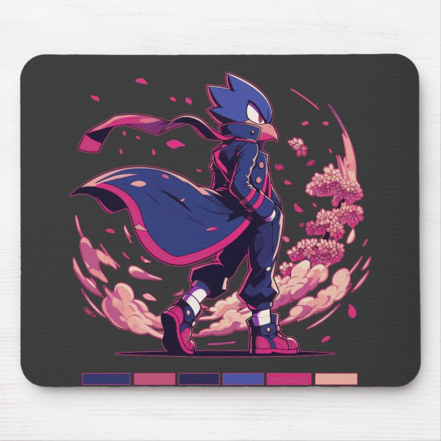 Edgy Sakura Warrior Bird Anime Illustration Mouse Pad (Front)