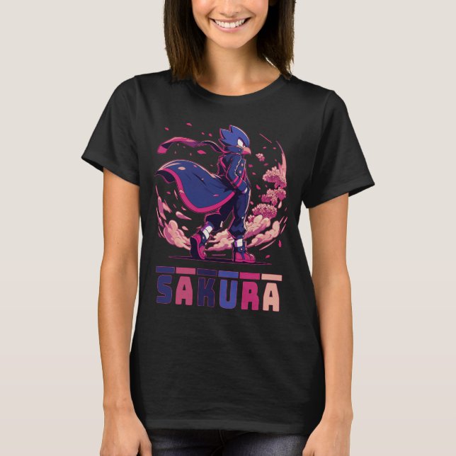 Edgy Sakura Warrior Bird Anime Illustration T-Shirt (Front)
