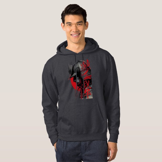 Edgy Samurai Warrior Japanese Ink Art Red Sun  Hoodie (Front Full)