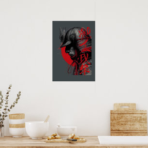 Edgy Samurai Warrior Japanese Ink Red Sun Poster